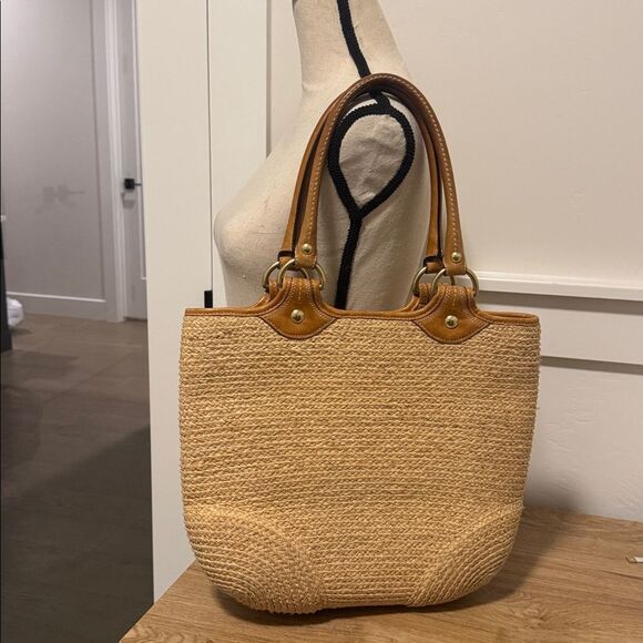 Coach Bleecker Natural Straw Tan Tote Handbag with Leather Accents Boho Vacation - Picture 2 of 16